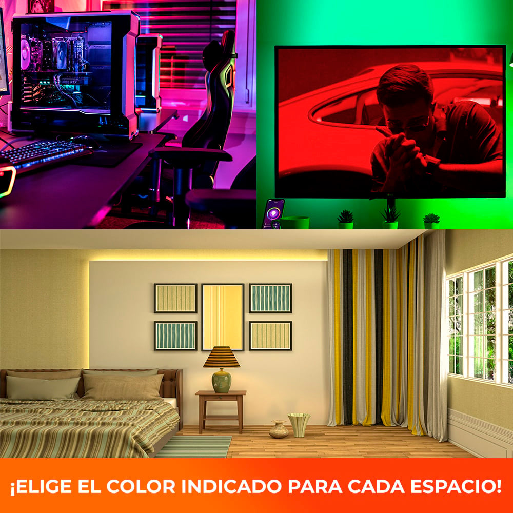 KIT DE 2 PIEZAS DE TIRA LED TECNOLITE 15W LUZ RGB Y BLANCA DE INTERIOR COMPATIBLE CON APP MOVIL Y ASISTENTES DE VOZ