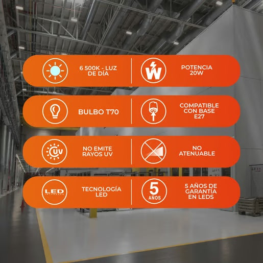 KIT DE 20 PIEZAS DE LAMPARA LED 20W 100-240V 1800LM CRI80 25000HR E27 BLANCO