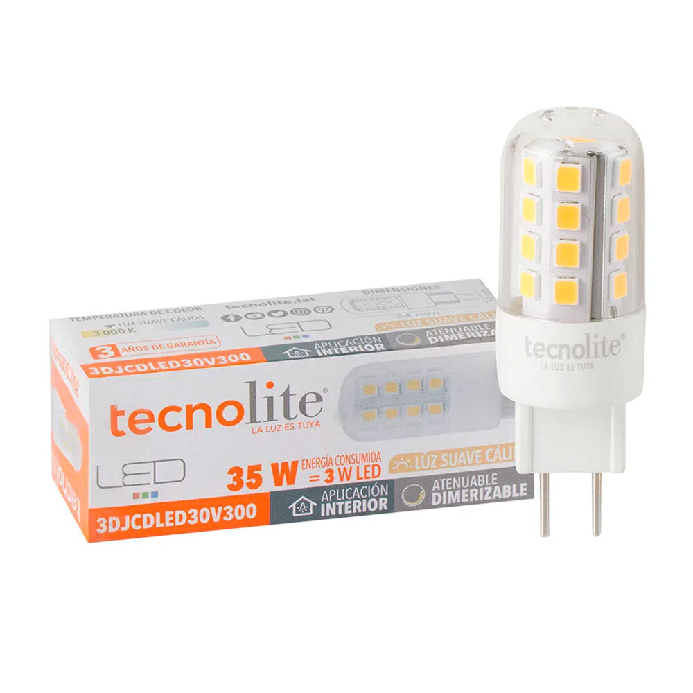 KIT DE 7 PIEZAS DE FOCO LED TECNOLITE IRIDIUM III TIPO AMPOLLETA ATENUABLE 3W LUZ SUAVE CALIDA BASE GY6.35