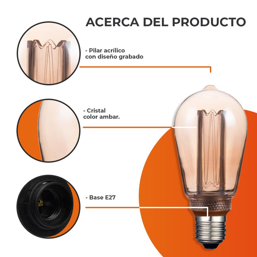 KIT DE 6 PIEZAS DE FOCO LED TECNOLITE VINTAGE ATENUABLE 3.5W LUZ SUAVE CÁLIDA BASE E27 FILAMENTO VERTICAL