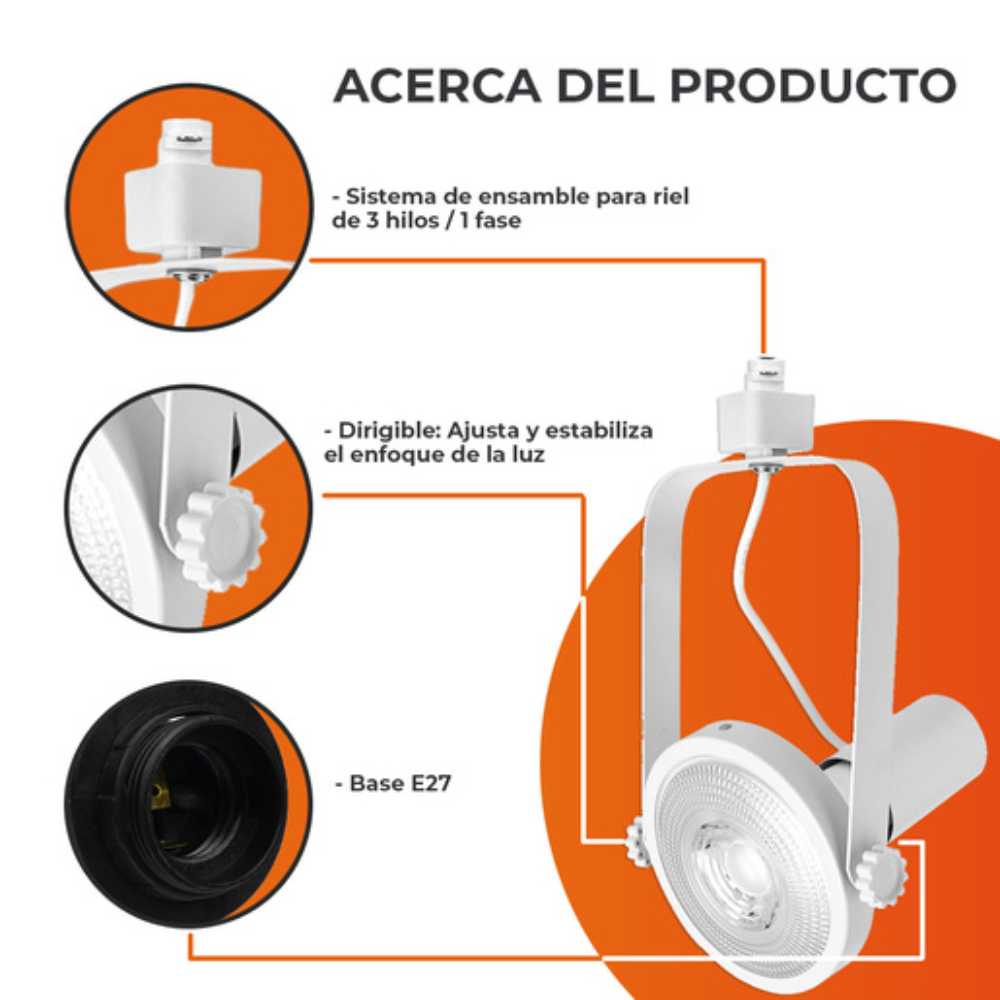 KIT DE 5 PIEZAS DE LUM. INTERIOR SPOT RIEL S/L 100-240V E27 BLANCO TECNOLITE