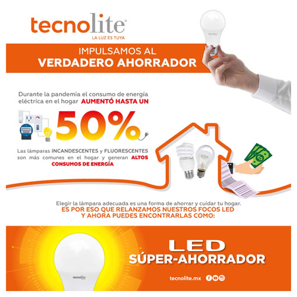 KIT DE 9 PIEZAS DE PAQUETE DE TRES FOCOS LED TECNOLITE 8.5W LUZ DE DIA BASE E27