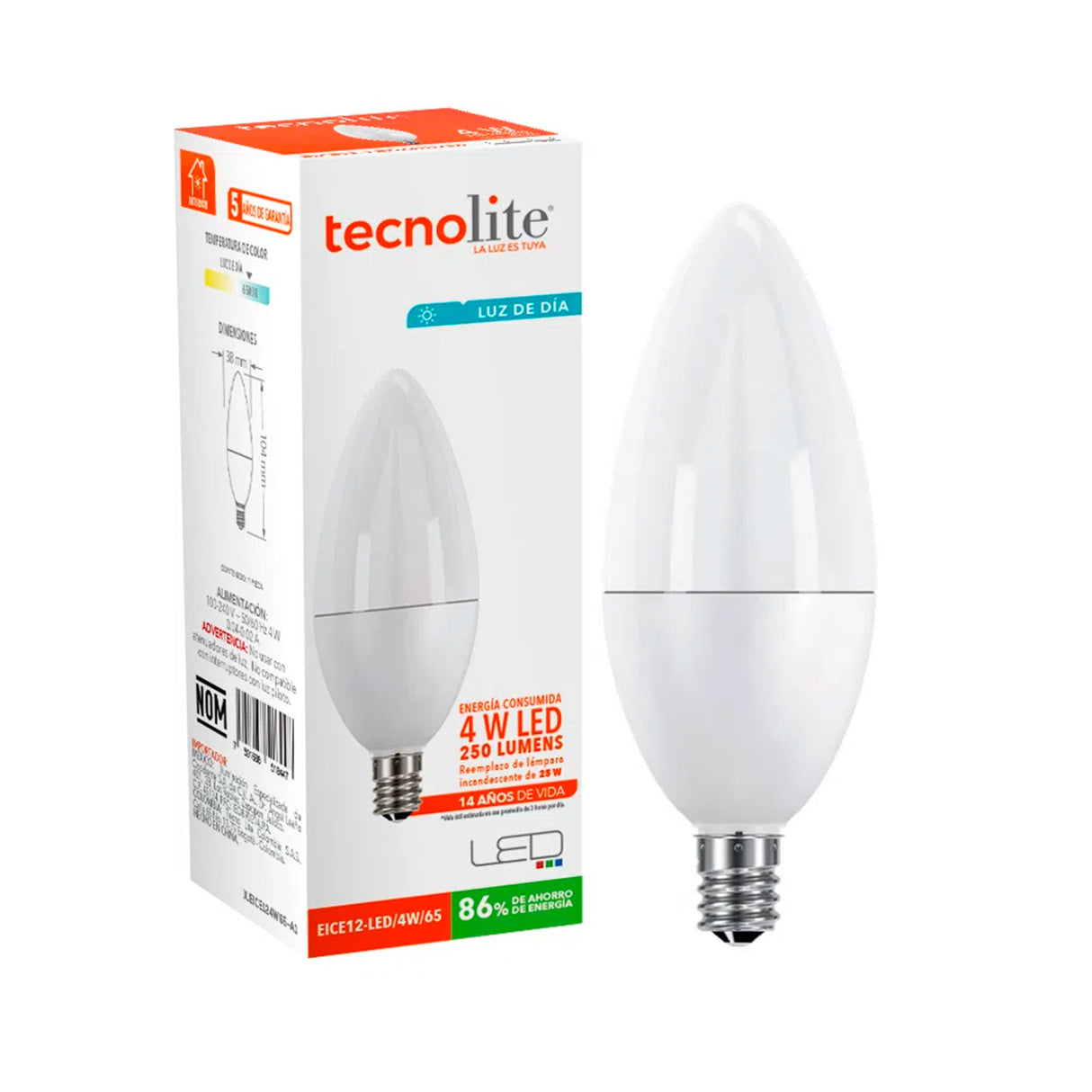 KIT DE 14 PIEZAS DE FOCO LED TECNOLITE TIPO VELA 4W LUZ DE DÍA BASE E12