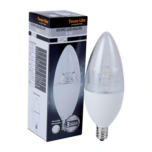 KIT DE 9 PIEZAS DE FOCO LED TECNOLITE TIPO VELA ATENUABLE 6W LUZ DE DIA BASE E12
