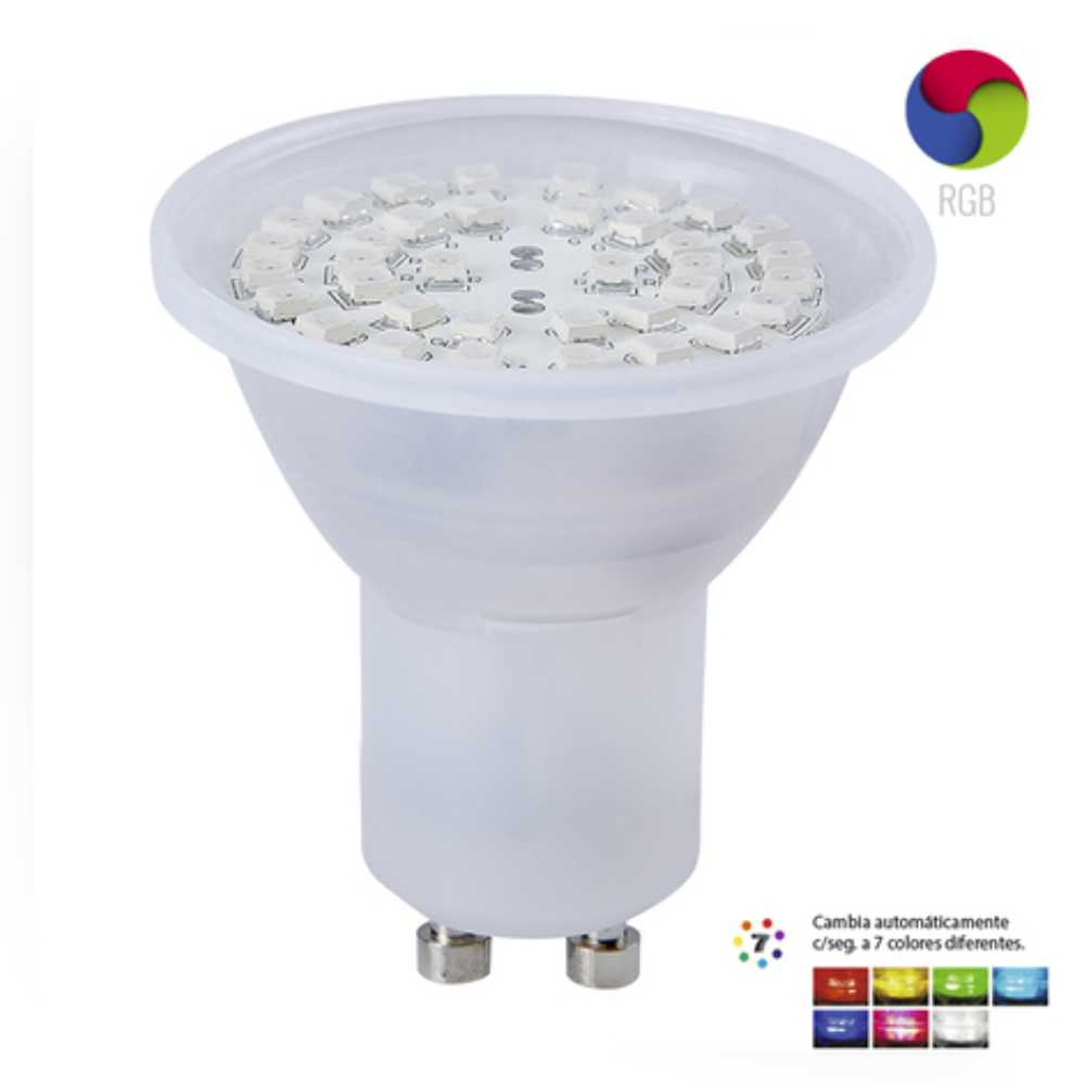 KIT DE 8 PIEZAS DE FOCO LED TECNOLITE 3W LUZ RGB CAMBIA DE COLOR AUTOMATICAMENTE BASE GU10