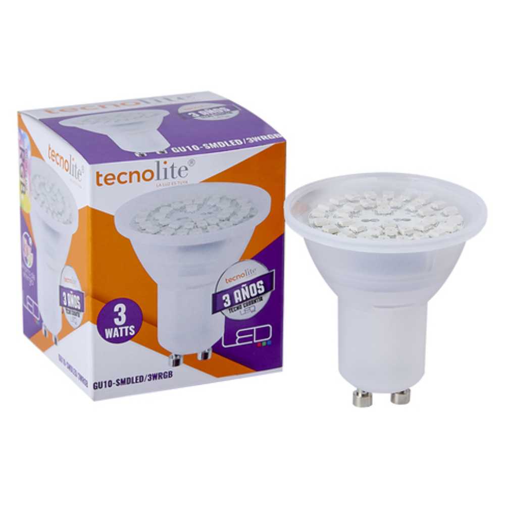 KIT DE 8 PIEZAS DE FOCO LED TECNOLITE 3W LUZ RGB CAMBIA DE COLOR AUTOMATICAMENTE BASE GU10