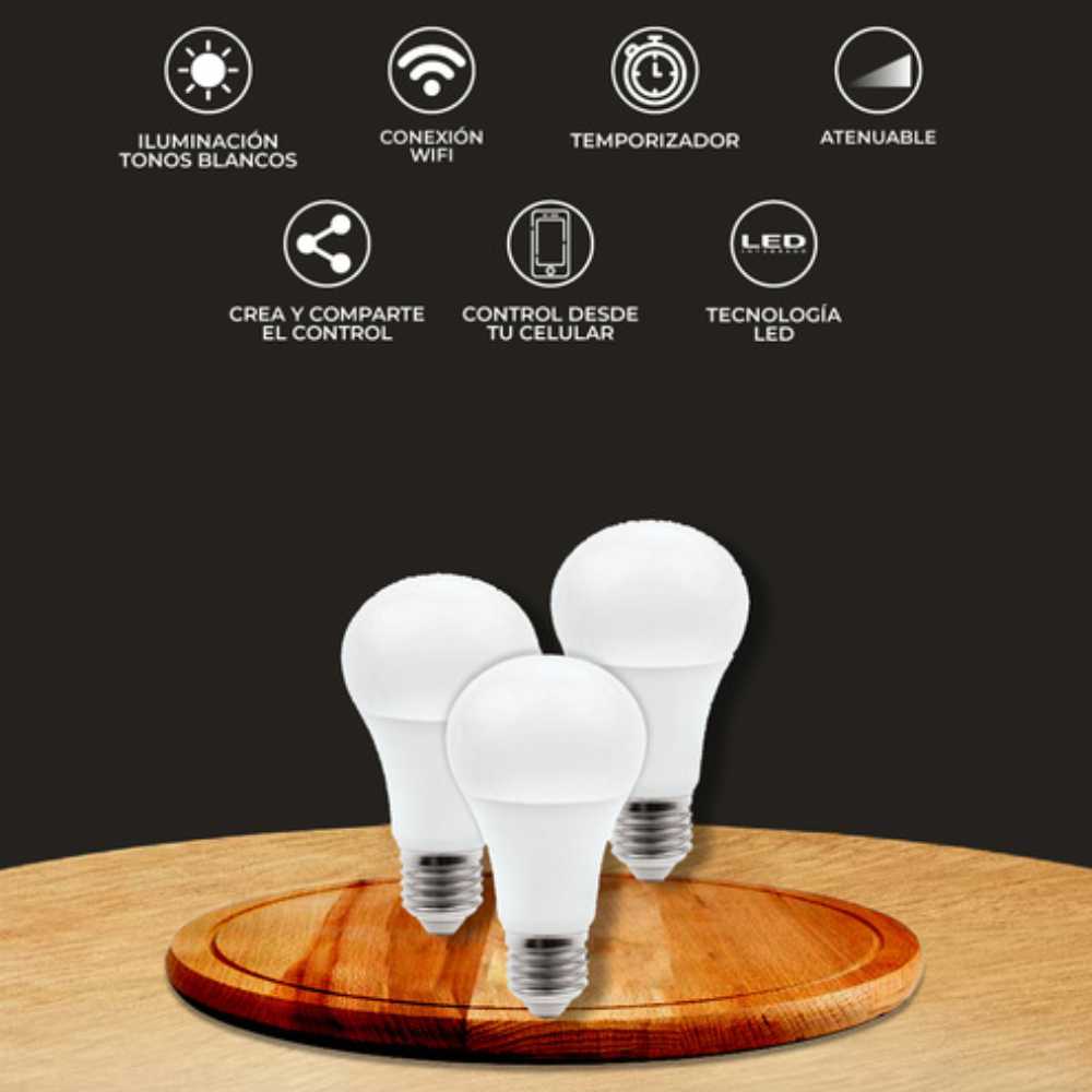 KIT DE TRES FOCOS LED TECNOLITE SMART CCT 7W LUZ BLANCA DINÁMICA BASE E27 COMPATIBLE CON APP MÓVIL Y ASISTENTES DE VOZ