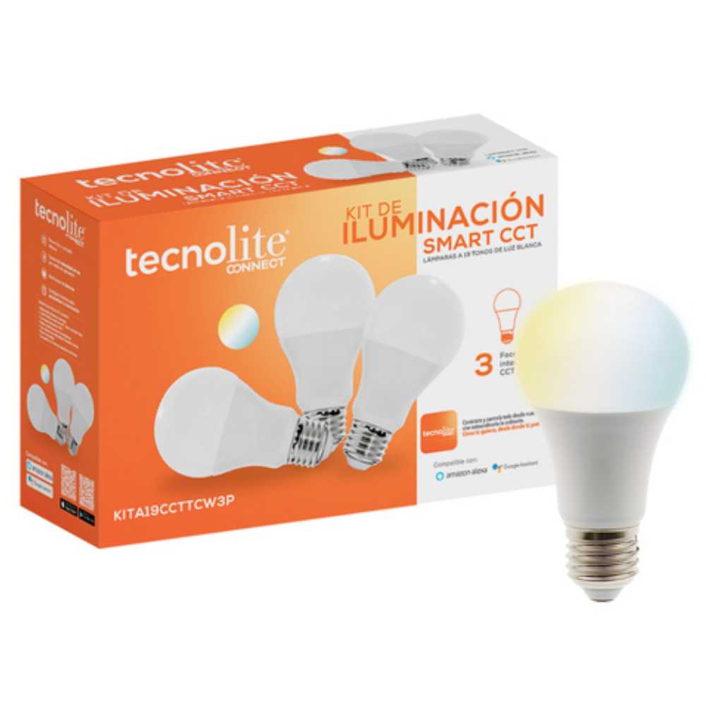 KIT DE 3 PIEZAS DE KIT DE TRES FOCOS LED TECNOLITE SMART CCT 7W LUZ BLANCA DINÁMICA BASE E27 COMPATIBLE CON APP MÓVIL Y ASISTENTES DE VOZ