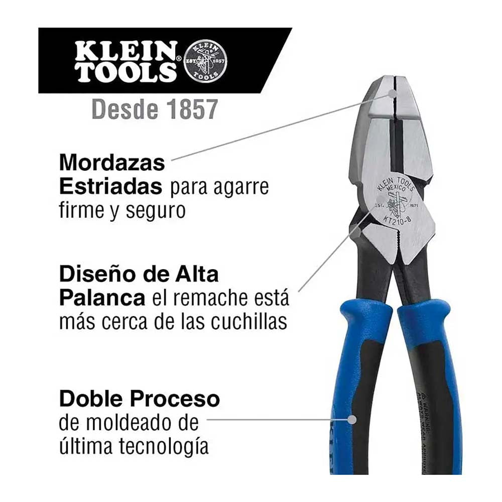 PINZAS DE ELECTRICISTA KLEIN TOOLS ALTA PALANCA CUBIERTA PLÁSTICA INYECTADA BIMATERIAL 8" DE LARGO