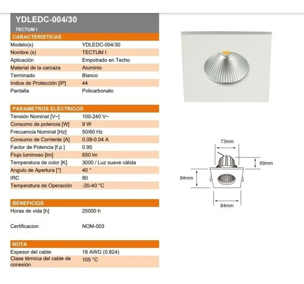 KIT 2 LUMINARIAS EMPOTRABLES TECTUM I BLANCA 9W 240V BLANCO CALIDO YDLEDC-004/30 TECNOLITE