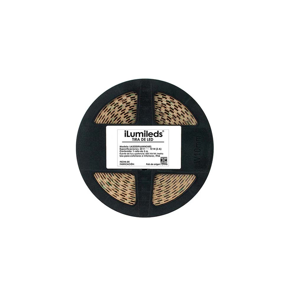 TIRA EXTRAPLANA DE LED 5050 5M CON 60 LEDS POR M BLANCO CALIDO 14.4 W POR M OPTICA 120 PISTA DE COBRE ACABADO BCO 24V CC IP66 *** HAE ***