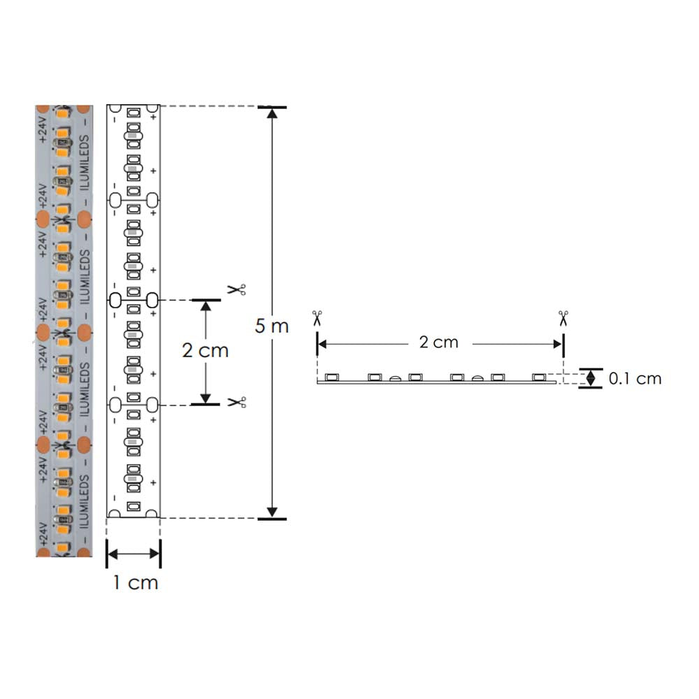 TIRA EXTRAPLANA LED 2216 5 MTS C/300 LEDS BLANCO CALIDO 24VCA 2200 K 24W OPTICA 120G ILUMILEDS