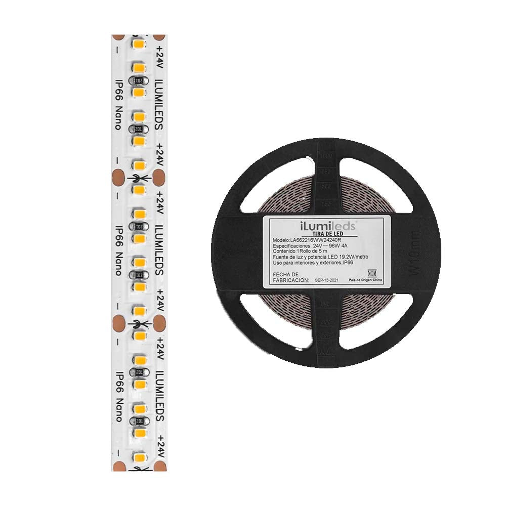 TIRA EXTRAPLANA DE LED 2216 5 MTS C/240 LEDS BLANCO 19.2W OPTICA 120 24V IP66