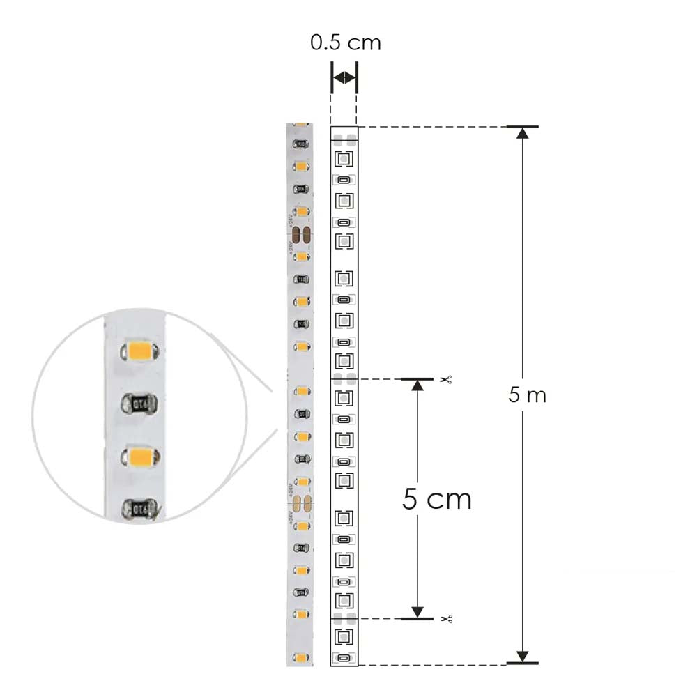 TIRA EXTRAPLANA DE LED 2216 5M CON 120 LEDS POR M BLANCO CALIDO 9.6 W POR M OPTICA 120 PISTA DE COBRE ACABADO BLANCO CON AUTO ADHESIVO 3M CRI 90 PCB 3 OZ DOBLE CARA 24V CC IP20