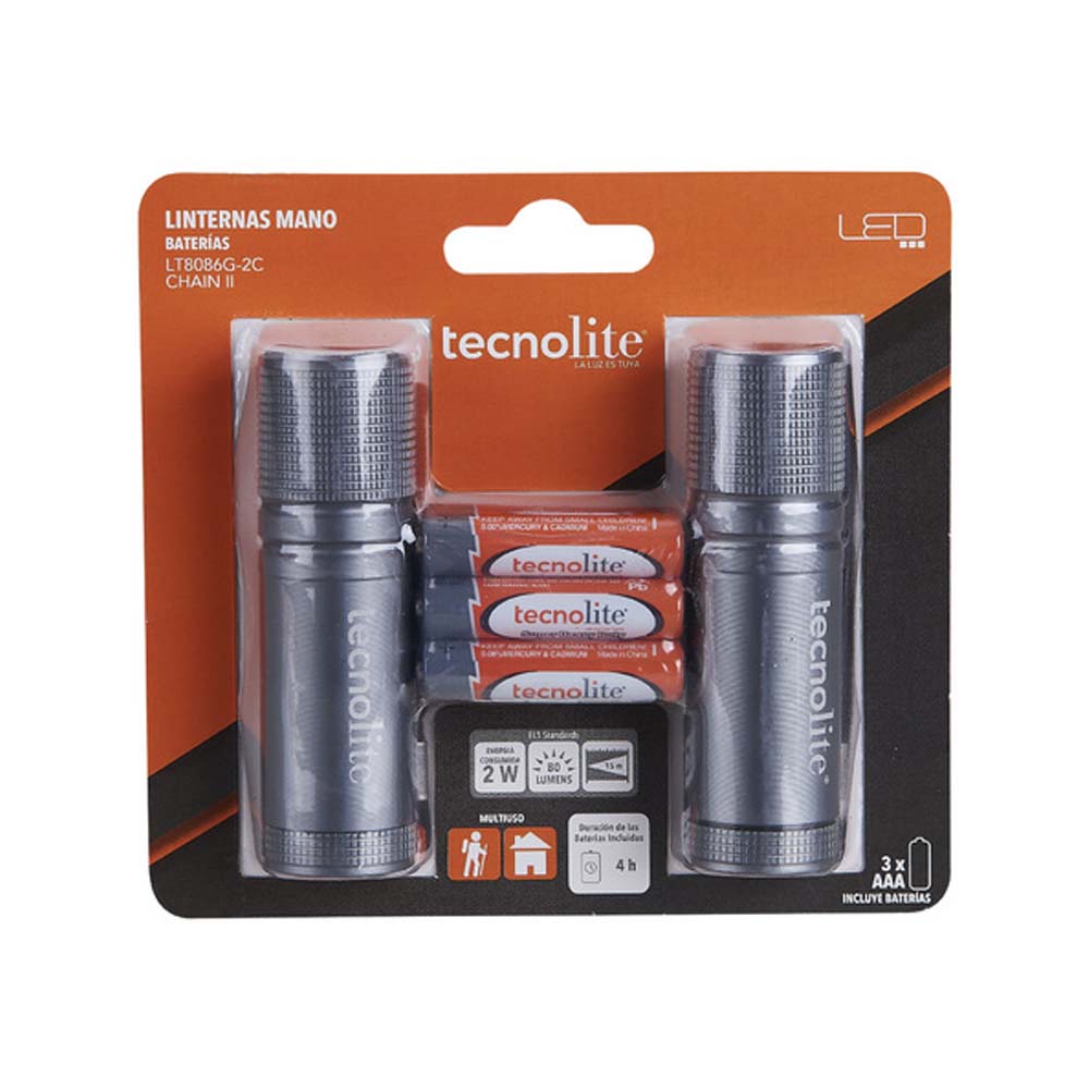 DOS LINTERNAS LED TECNOLITE CHAIN II PORTÁTILES 2W LUZ DE DÍA BATERÍAS INCLUIDAS