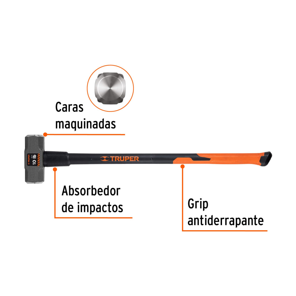 MARRO OCTAGONAL 10 LB.(4.5KG.) MANGO DE FIBRA DE VIDRIO 36" (90CMS.) MD-10F 16540 TRUPER *** OFRECER 1438GFV ***