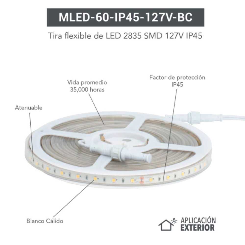 TIRA FLEXIBLE LEDS C/RECUBRIMIENTO SILICON 5M. 127V. IP45 BLANCO CALIDO MLED-60-IP45-127V-CD/BC