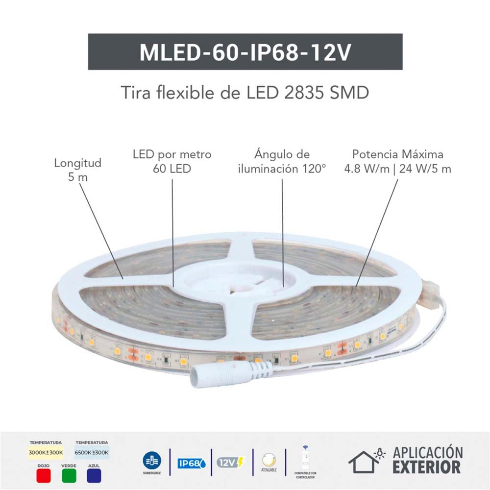 TIRA FLEXIBLE LEDS C/RECUBRIMIENTO VINIL 5M. 12V. IP68 BLANCO CALIDO