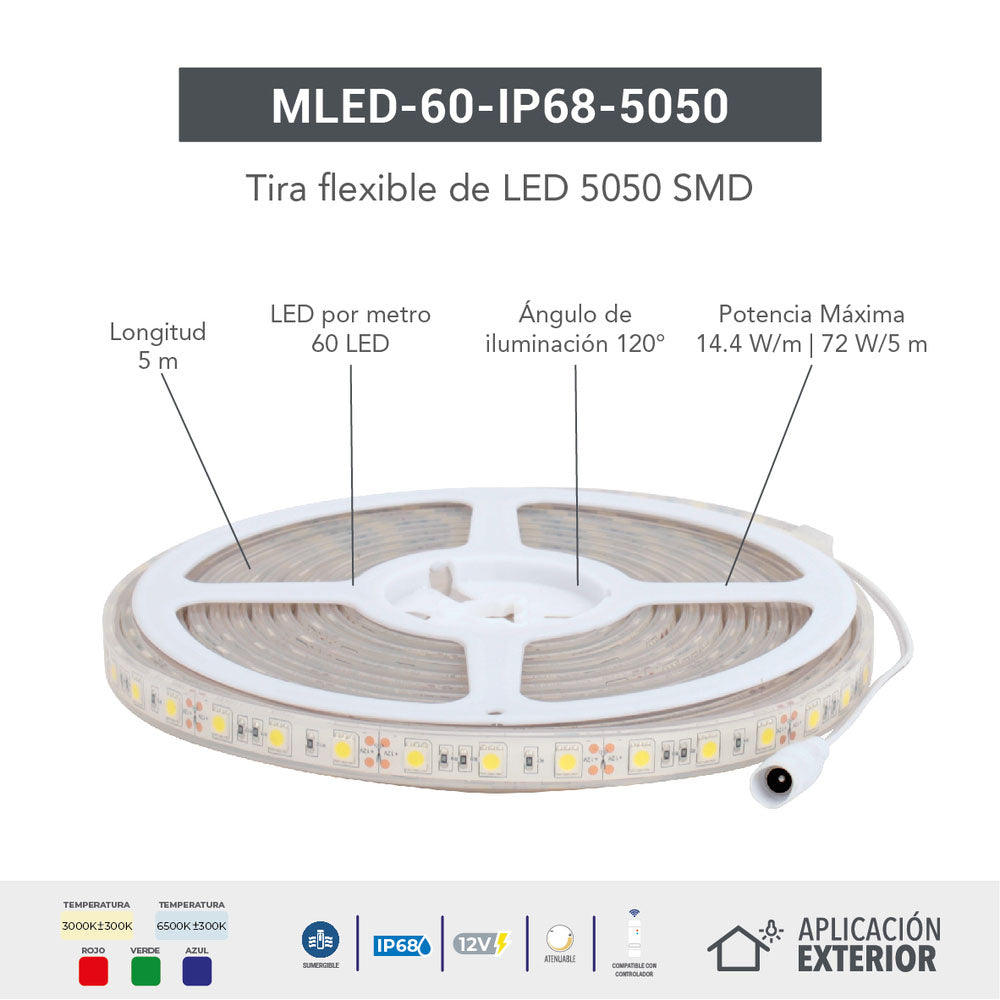 TIRA FLEXIBLE LED 5050 SMD 12V. IP68 B.C.