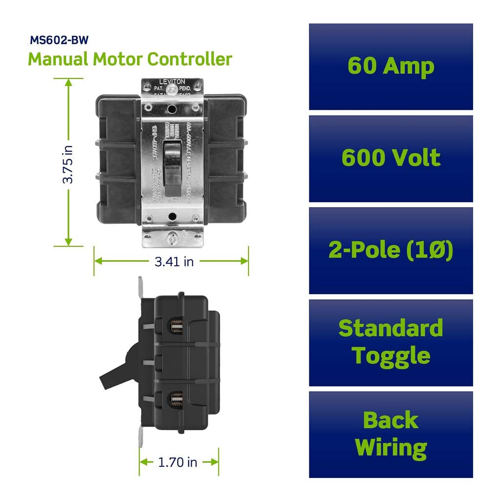 INT. PALANCA NEGRO 2H/60A ARRANQUE MOTOR GDO. IND. S/CONEX. TIERRA 10HP/240V. 15HP/480V. 20HP/600V. MS602-BW