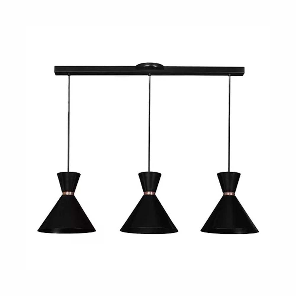 LUMINARIO COLGANTE LAMINA DE ACERO 3 COLGANTES EN FILA COLOR NEGRO CON DETALLE EN DORADO 127V LAMPARA OPCIONAL NO INCLUIDA