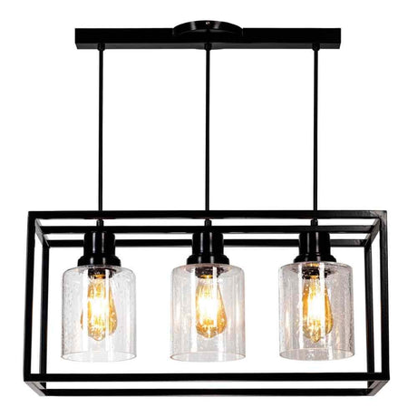 LUMINARIO COLGANTE REJILLA EN ACERO COLOR NEGRO PANTALLAS DE VIDRIO SOPLADO CILINDRICOS BASE METALICA Y CABLES NEGROS 60X26XH28CM H120CM USO INTERIOR SE RECOMIENDA EL USO DE FOCOS VINTAGE NO INCLUIDOS