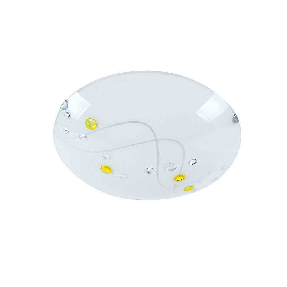 LUMINARIO DE TECHO PLAFON PANTALLA EN VIDRIO SATINADO CON INCRUSTACIONES AMARILLAS Y GRIS CUERPO Y GARRAS CROMADAS EN LAMINA DE ACERO USO INTERIOR NO INCLUYE LAMPARAS