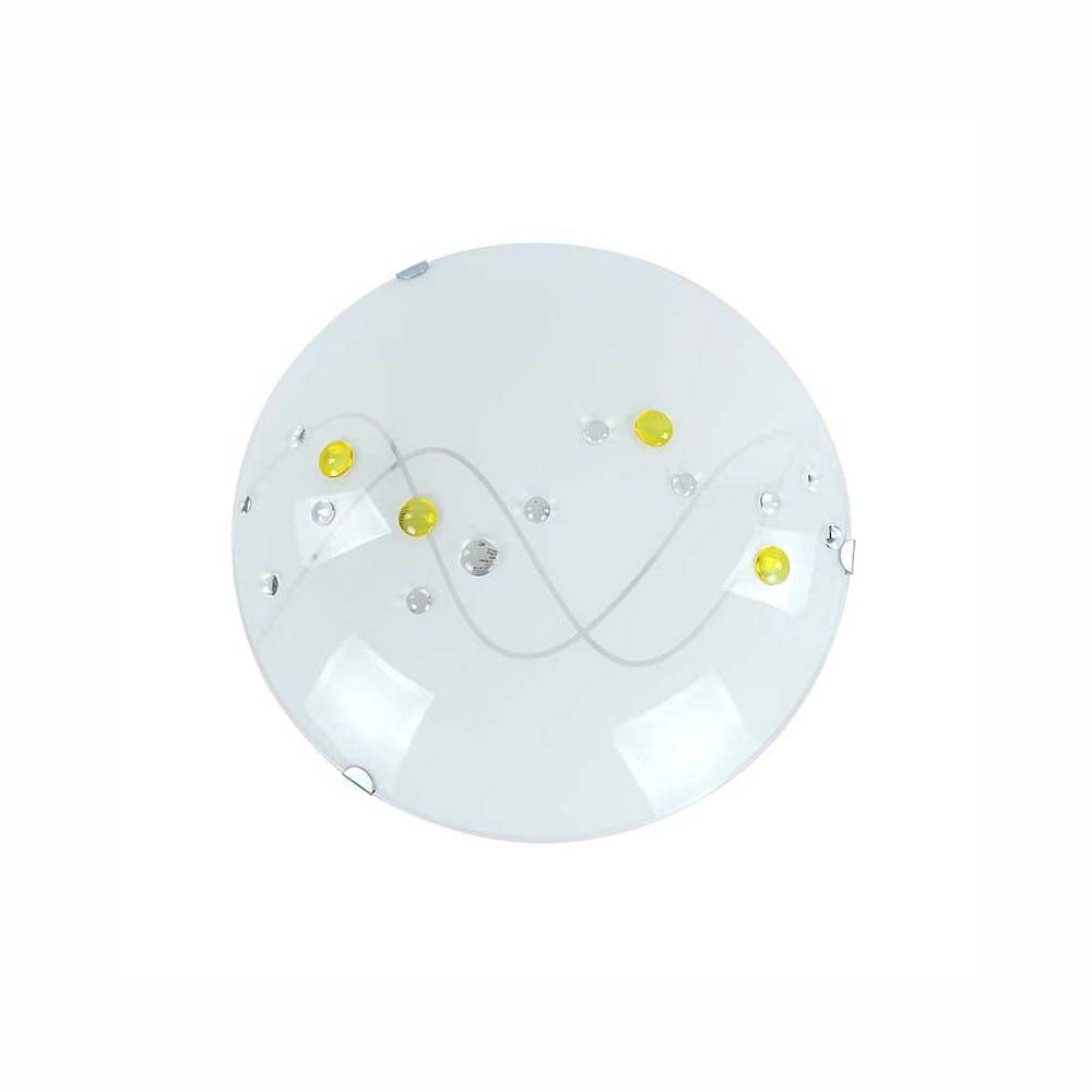 LUMINARIO DE TECHO PLAFON PANTALLA EN VIDRIO SATINADO CON INCRUSTACIONES AMARILLAS Y GRIS CUERPO Y GARRAS CROMADAS EN LAMINA DE ACERO USO INTERIOR NO INCLUYE LAMPARAS