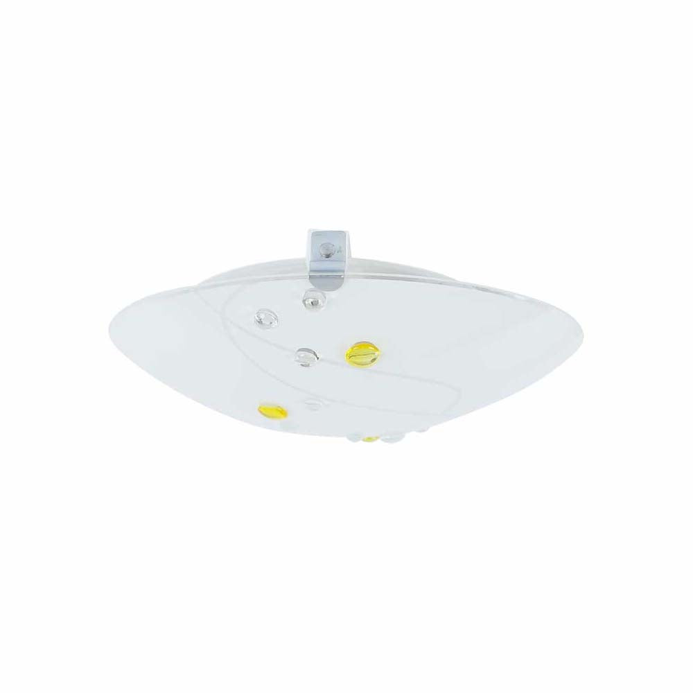 LUMINARIO DE TECHO PLAFON PANTALLA EN VIDRIO SATINADO CON INCRUSTACIONES AMARILLAS Y GRIS CUERPO Y GARRAS CROMADAS EN LAMINA DE ACERO USO INTERIOR NO INCLUYE LAMPARAS