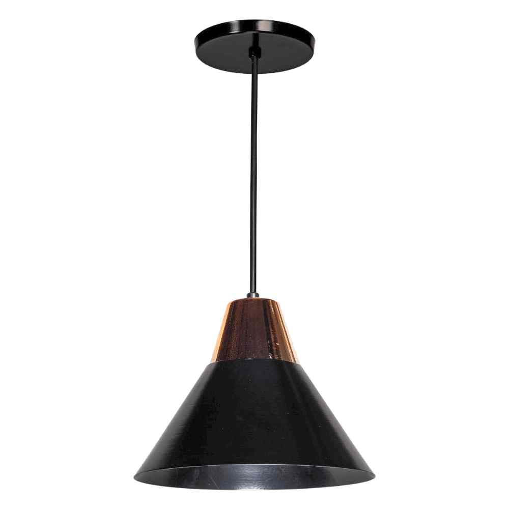 CAMPANA DECORATIVA EN METAL COLOR NEGRO MATE DETALLE EN COLOR COBRE CANOPE Y CABLE NEGRO 23.8XM H120CM USO INTERIOR NO INCLUYE LAMPARA