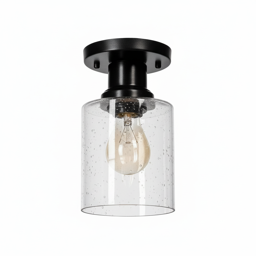 PLAFON 8076 (11XH20CM) CON VIDRIO SOPLADO TRANSPARENTE COLOR NEGRO 1XE27