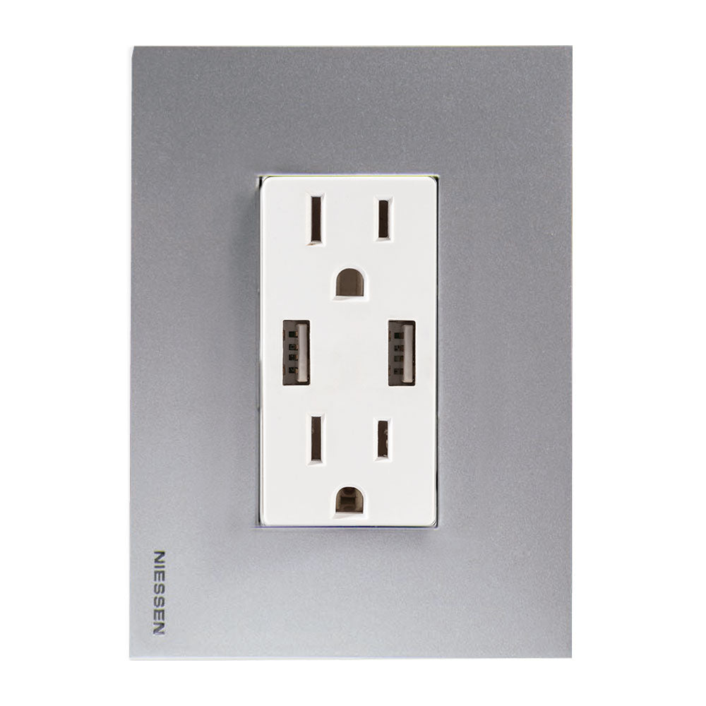 CONTACTO DÚPLEX ESTEVEZ ZENIT 2 POLOS CON TIERRA Y 2 CONTACTOS USB BLANCO CON PLACA PLATA