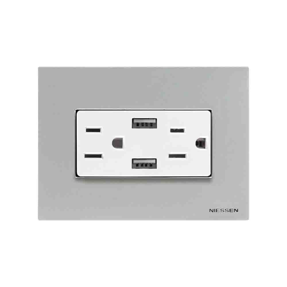 CONTACTO DÚPLEX ESTEVEZ ZENIT 2 POLOS CON TIERRA Y 2 CONTACTOS USB BLANCO CON PLACA PLATA