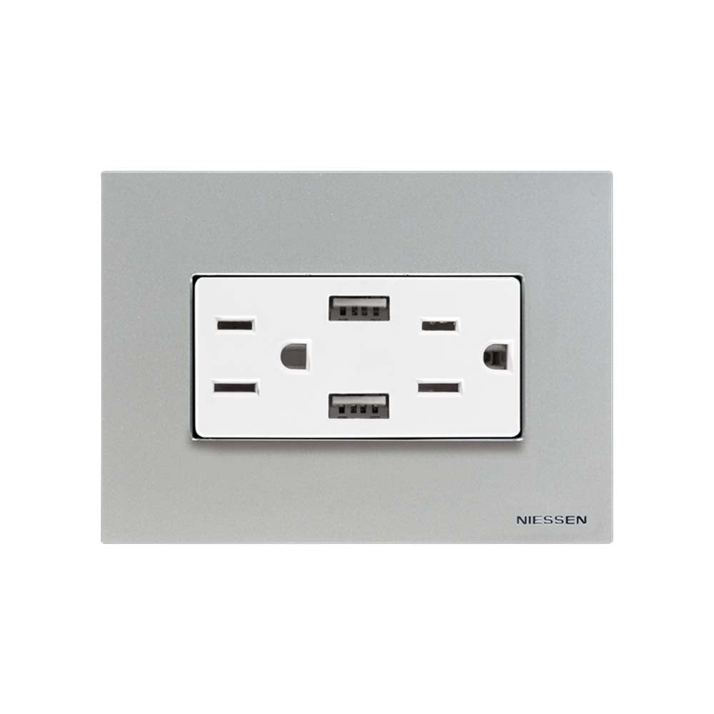 CONTACTO DÚPLEX ESTEVEZ ZENIT 2 POLOS CON TIERRA Y 2 CONTACTOS USB BLANCO CON PLACA PLATA