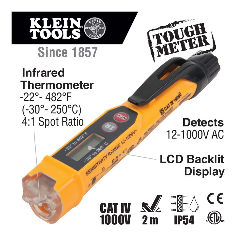 PROBADOR DE VOLTAJE KLEIN TOOLS TIPO LÁPIZ SIN CONTACTO DE 12V A 1000V CA CON TERMÓMETRO INFRARROJO