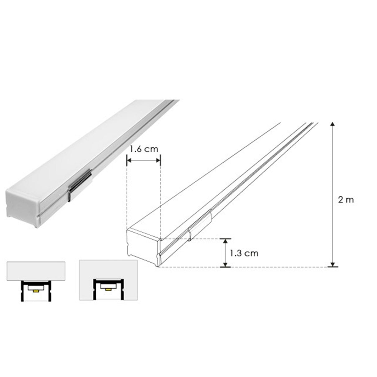KIT PERFIL P/TIRA EXTRAPLANA LED S/CEJA (PERFIL RECT ALUM 2M + MICA DIFUSA 2M + 2 TAPAS LAT + 2 GRAPAS DE EMP/SOB IP20) ILUMILEDS