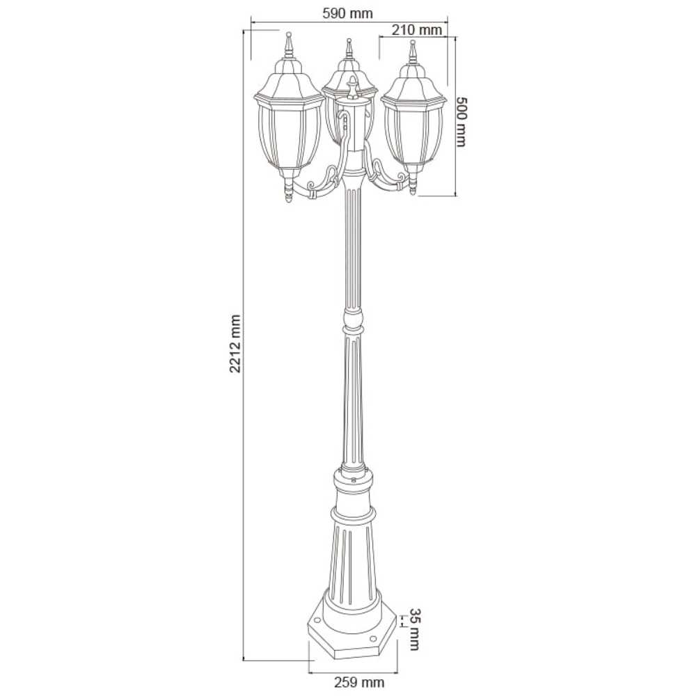 LAMPARA POSTE DE LUZ 3 FAROLES 2.21 M DE ALTURA POTENCIA MAX. 180 W 3 BASES E27 IP45 NO INCLUYE FOCOS PFT-6004-3/CF