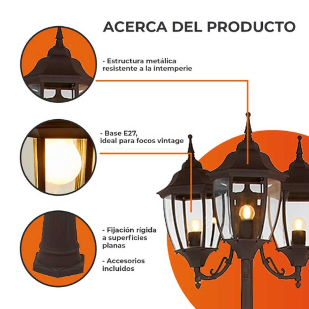 POSTE DE LUZ BADALONA TRES FAROLES 2.21M DE ALTURA 180W TRES BASES E27 NO INCLUYE FOCOS CAFÉ