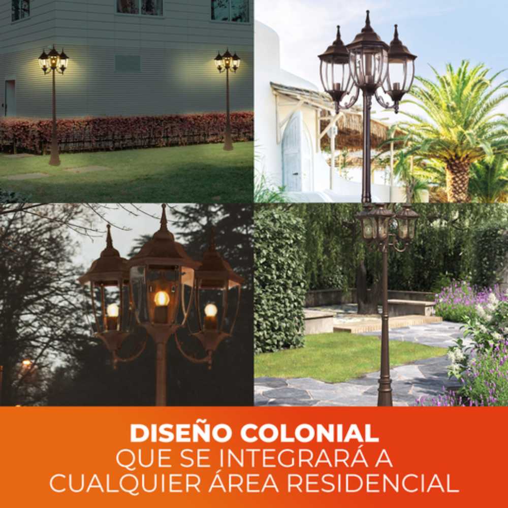 POSTE DE LUZ BADALONA TRES FAROLES 2.21M DE ALTURA 180W TRES BASES E27 NO INCLUYE FOCOS CAFÉ