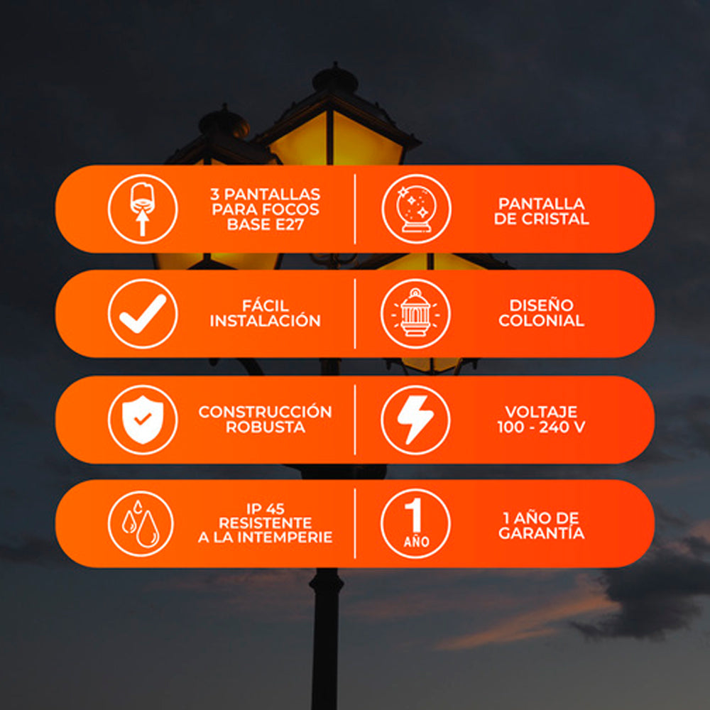 POSTE DE LUZ BADALONA TRES FAROLES 2.21M DE ALTURA 180W TRES BASES E27 NO INCLUYE FOCOS NEGRO