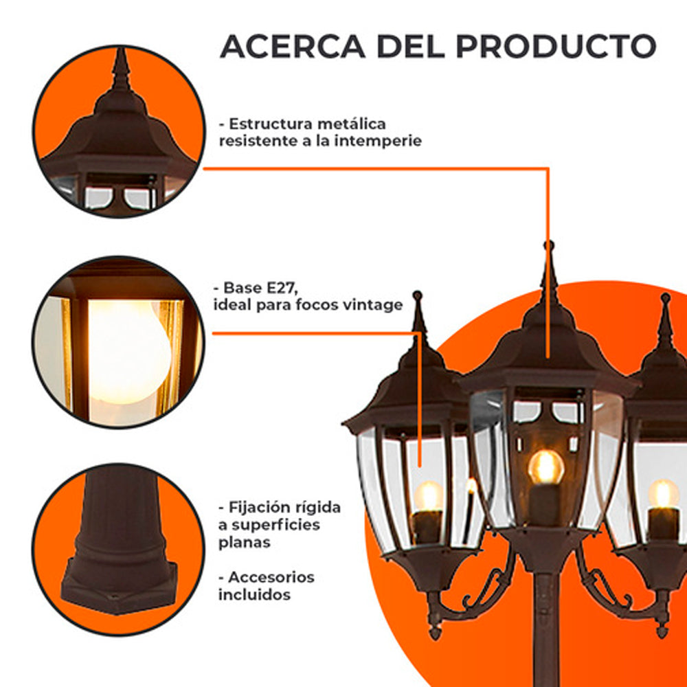POSTE DE LUZ BADALONA TRES FAROLES 2.21M DE ALTURA 180W TRES BASES E27 NO INCLUYE FOCOS NEGRO