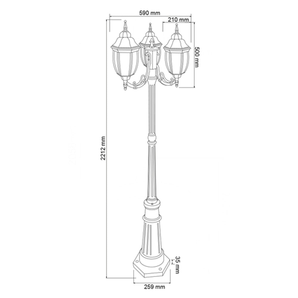 POSTE DE LUZ BADALONA TRES FAROLES 2.21M DE ALTURA 180W TRES BASES E27 NO INCLUYE FOCOS NEGRO