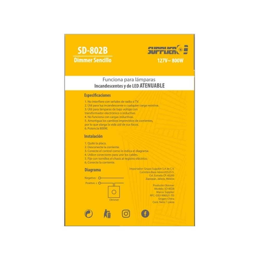DIMMER SENCILLO ATENUABLE 127V P/LAMP INCANDESCENTE Y LED 800W BLANCO MCA SUPPLIER *** OFRECER DE8B ***