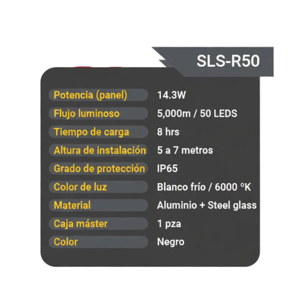 REFLECTOR SOLAR 5000 LUMENS 5000LM 50LEDS 6000K NEGRO