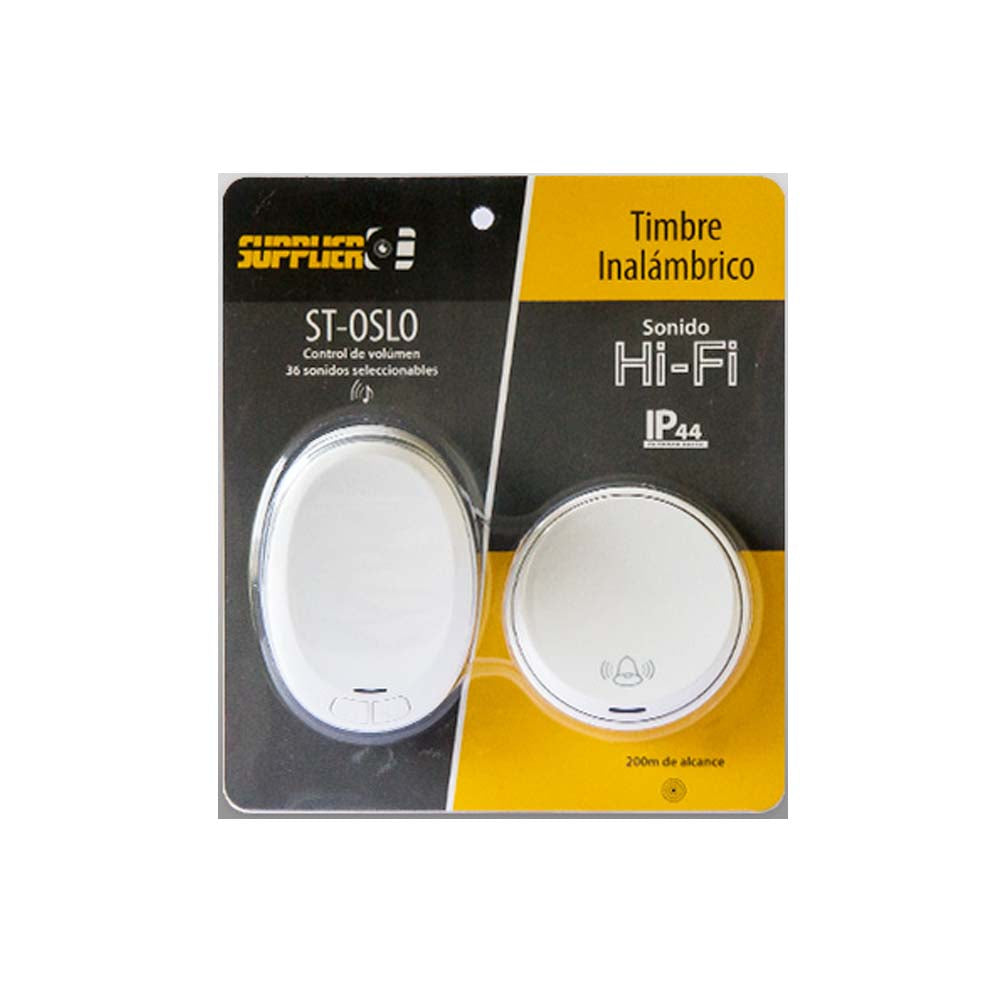 TIMBRE INALAMBRICO 2.5W/127V. BATERIA 23A/12V. SONIDO HI-FI 200MTS. ALCANCE ST-OSLO