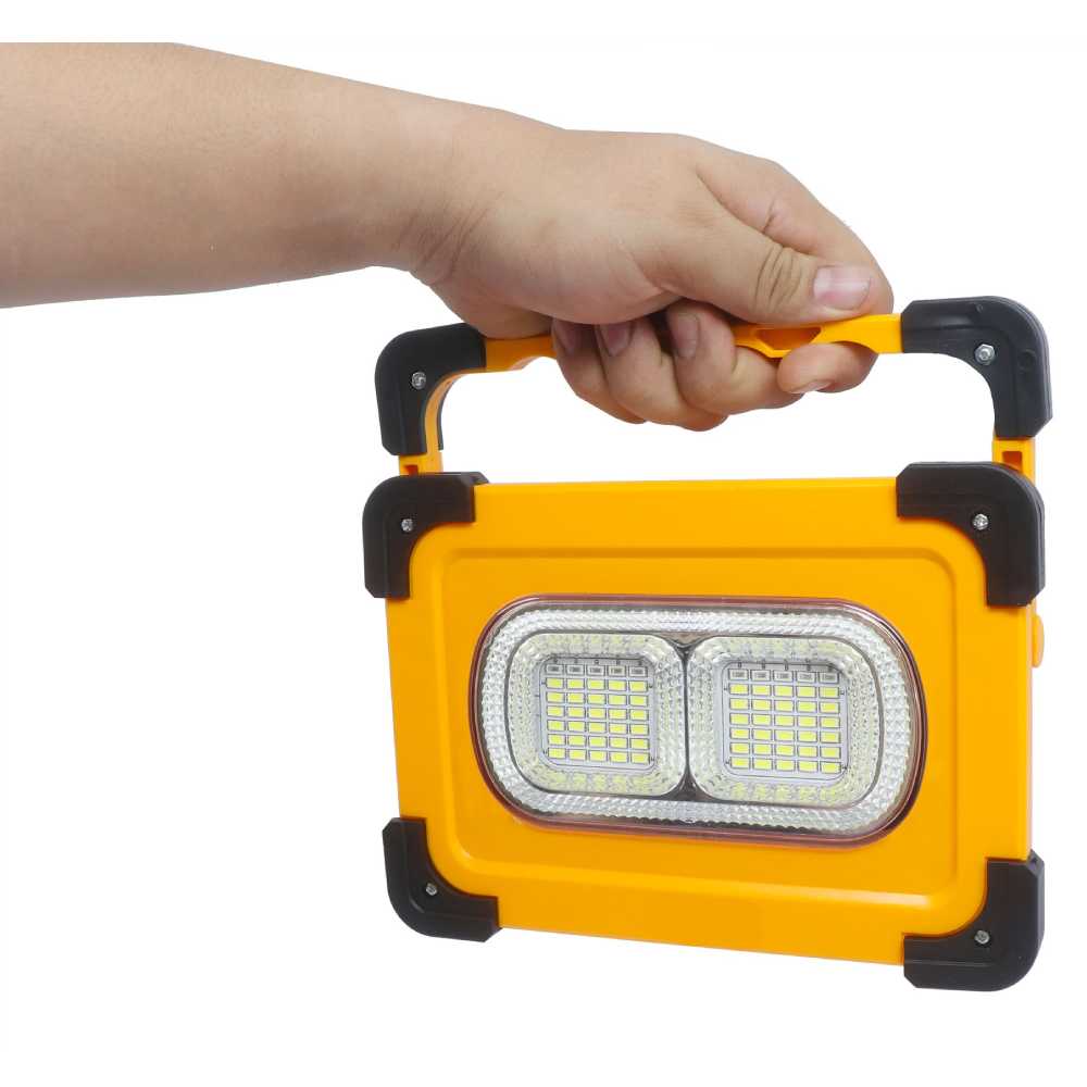 REFLECTOR AMARILLO CON CELDA SOLAR 50W 65000K 3 INTENSIDADES DE LUZ ESTOBO ROJO AZUL MLESSO