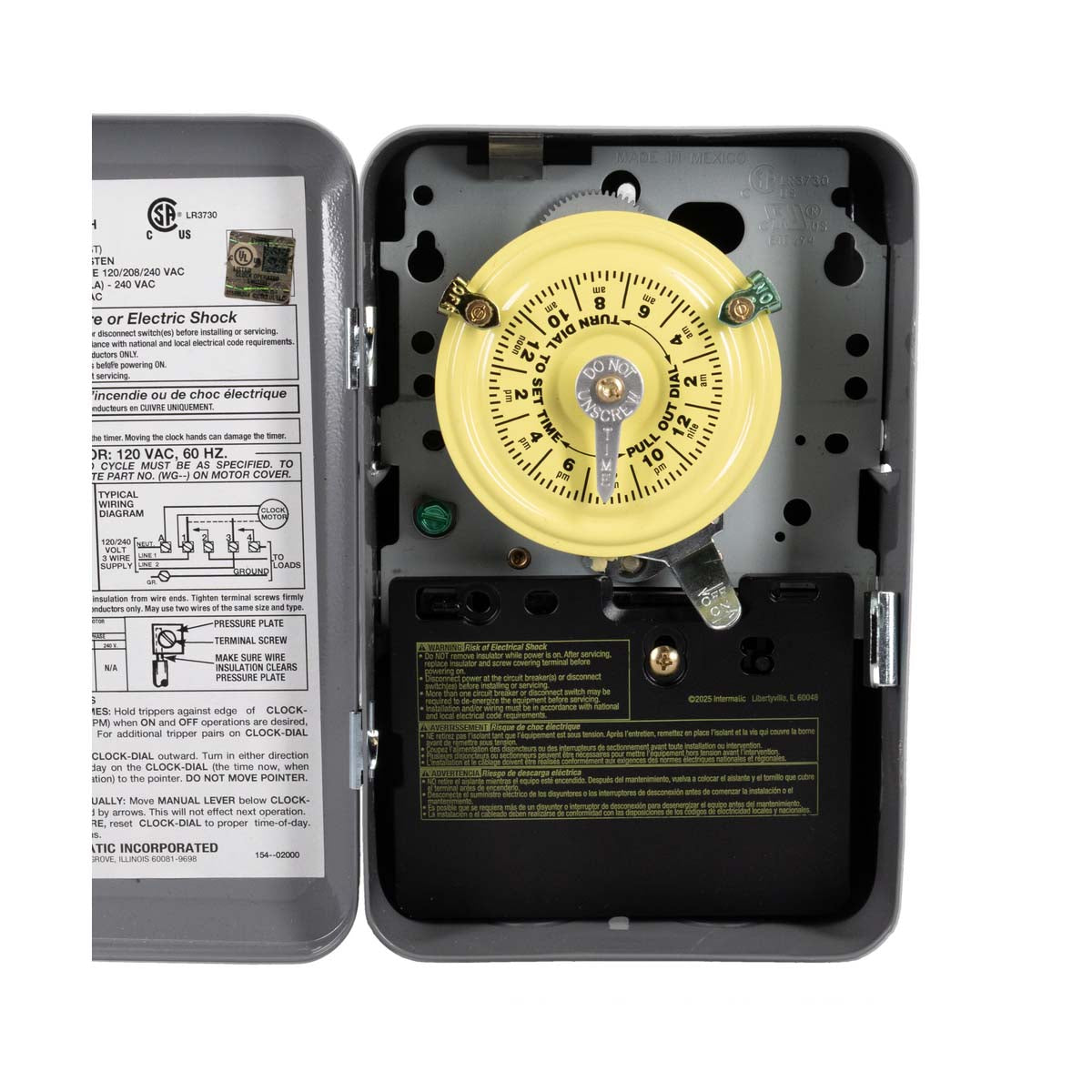 TEMPORIZADOR MECANICO 24HRS. 208-277VCA. INTERVALO DE 1HR. DPST CON CAJA METALICA PARA INTERIOR INTERMATIC