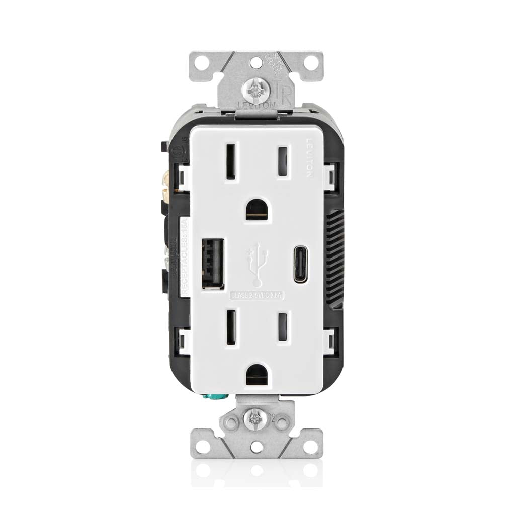RECEPTACULO DUPLEX DECORA TAMPER RESISTANT PTOS USB A/C 3.6A 15A 125V 2P3H BCO S/ PLACA