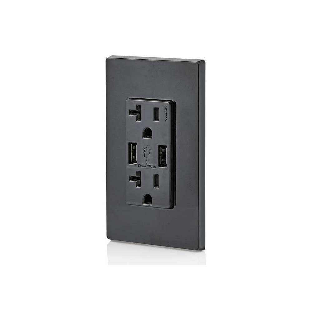 RECEPTACULO DUPLEX DECORA TR 2 PTOS USB 3.6A 20A 125V 2P3H NEGRO