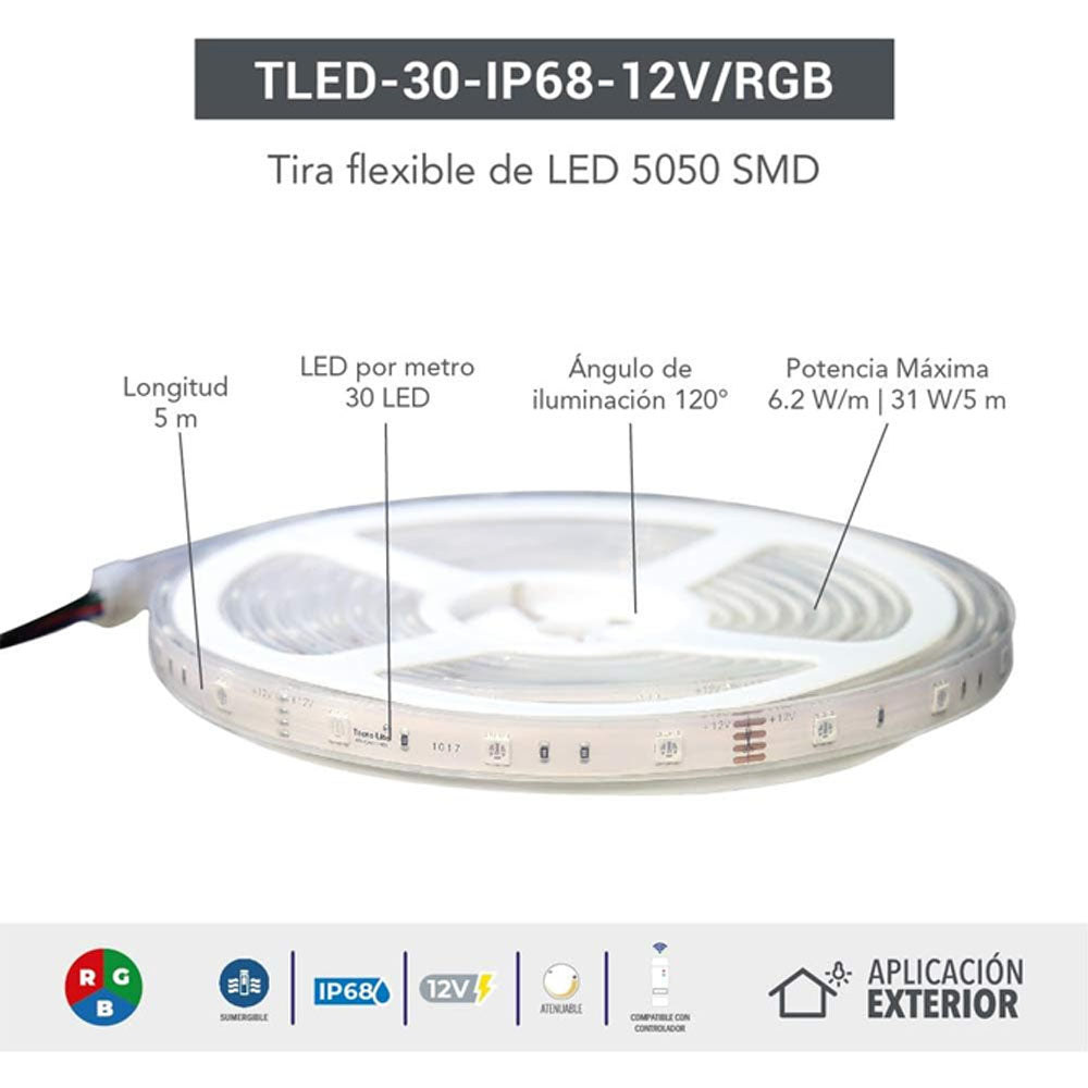 TIRA FLEXIBLE DE LED 5050 SMD 12V IP68 RGB